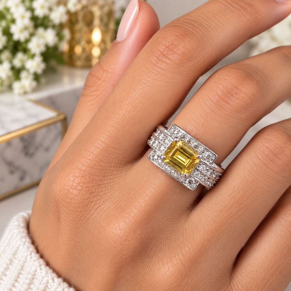Yellow Crystal Cocktail Ring Rhodium Plated Brass Silver Tone Womens Size 6